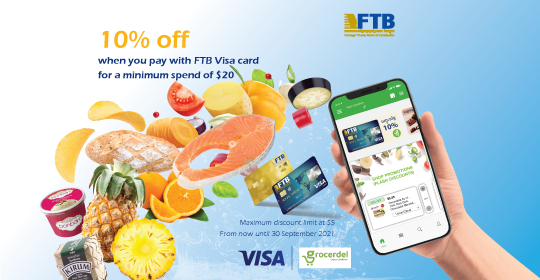 Enjoy 10% discount when spend $20 on Grocerdel Mobile with FTB Visa Debit Card